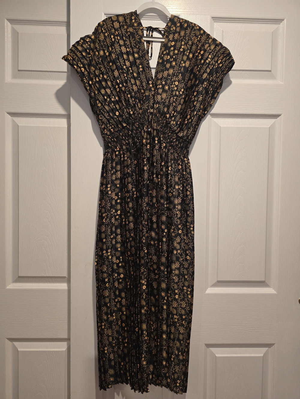 Black Maxi Dress with Gold Floral Print and Elastic Waist